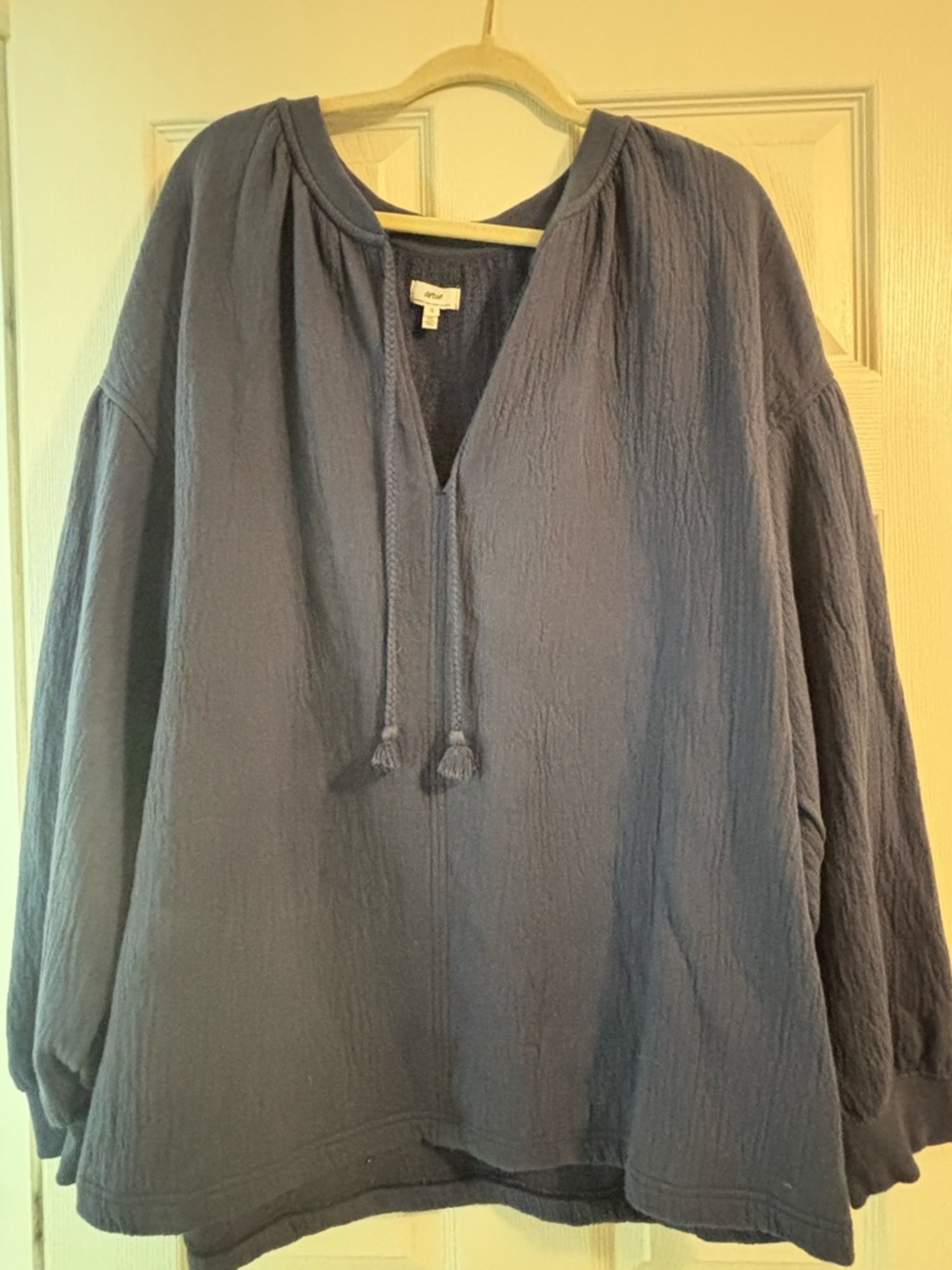 aerie Navy Blue Textured Pullover with Braided Drawcord